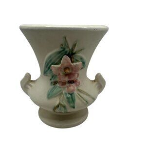 McCoy Vintage Ivory Ceramic Vase  Pink Floral Relief Design & Dual Side Handles